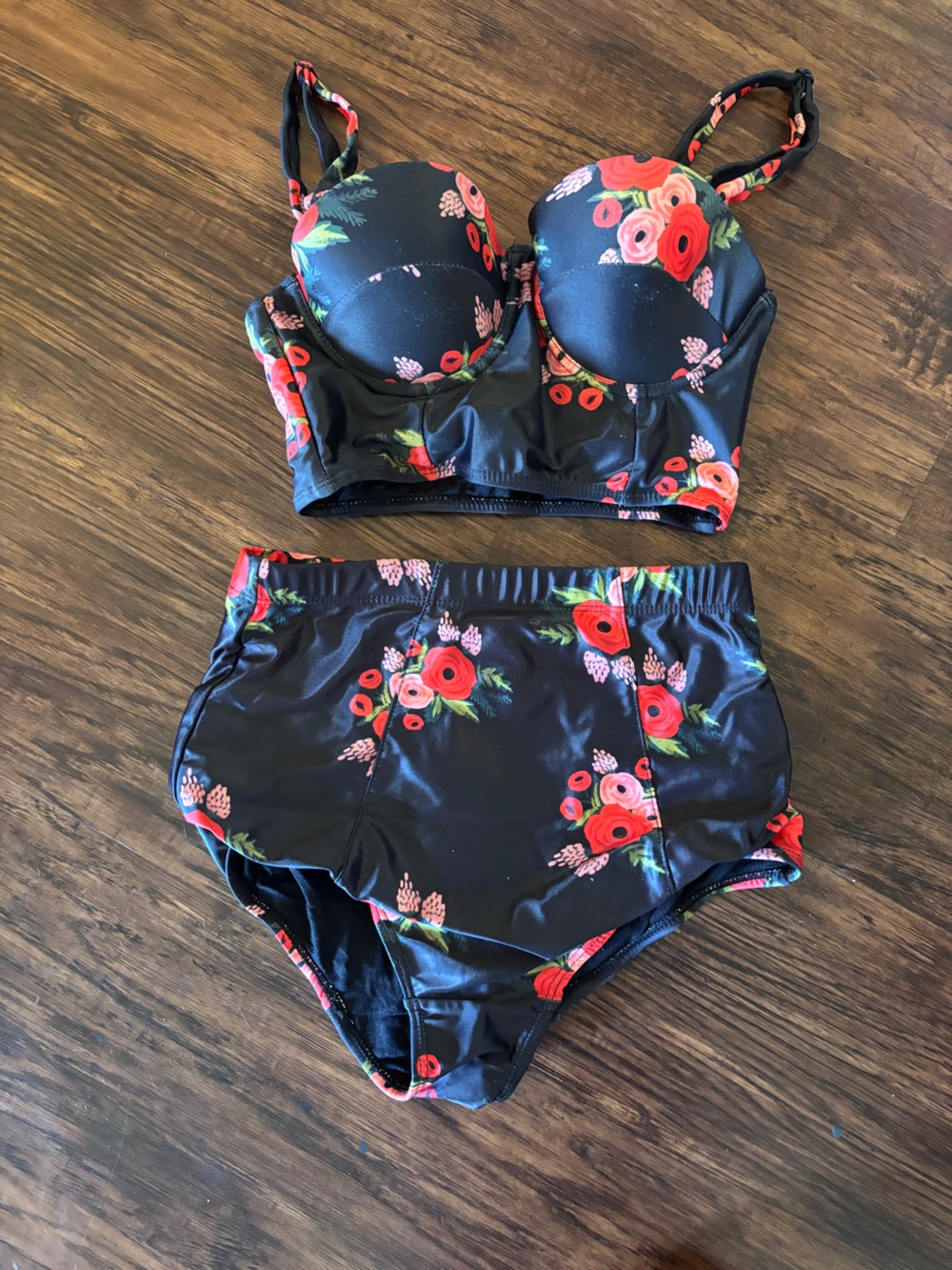 Floral High-Waist Bikini Set - Black with Red Floral xs top with s bottom